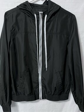 Women Zine Clothing Black Windbreaker with White Zip and Drawcords